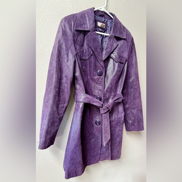 KENAR 100% LEATHER SHIMMER PURPLE TRENCH SIZE 14 - Picture 3 of 8